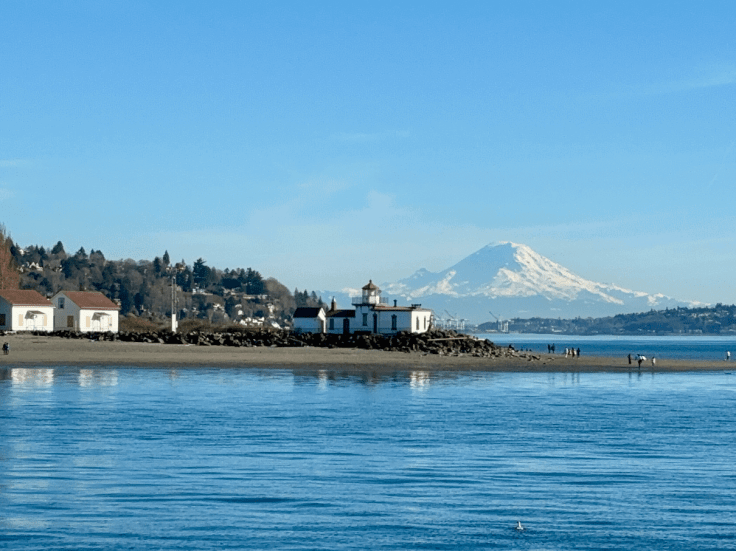 West Point Lighthouse in front of Mount Rainier