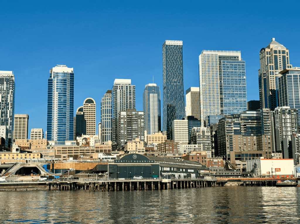 Seattle Waterfront with Seattle Aquarium and the new stairs connection