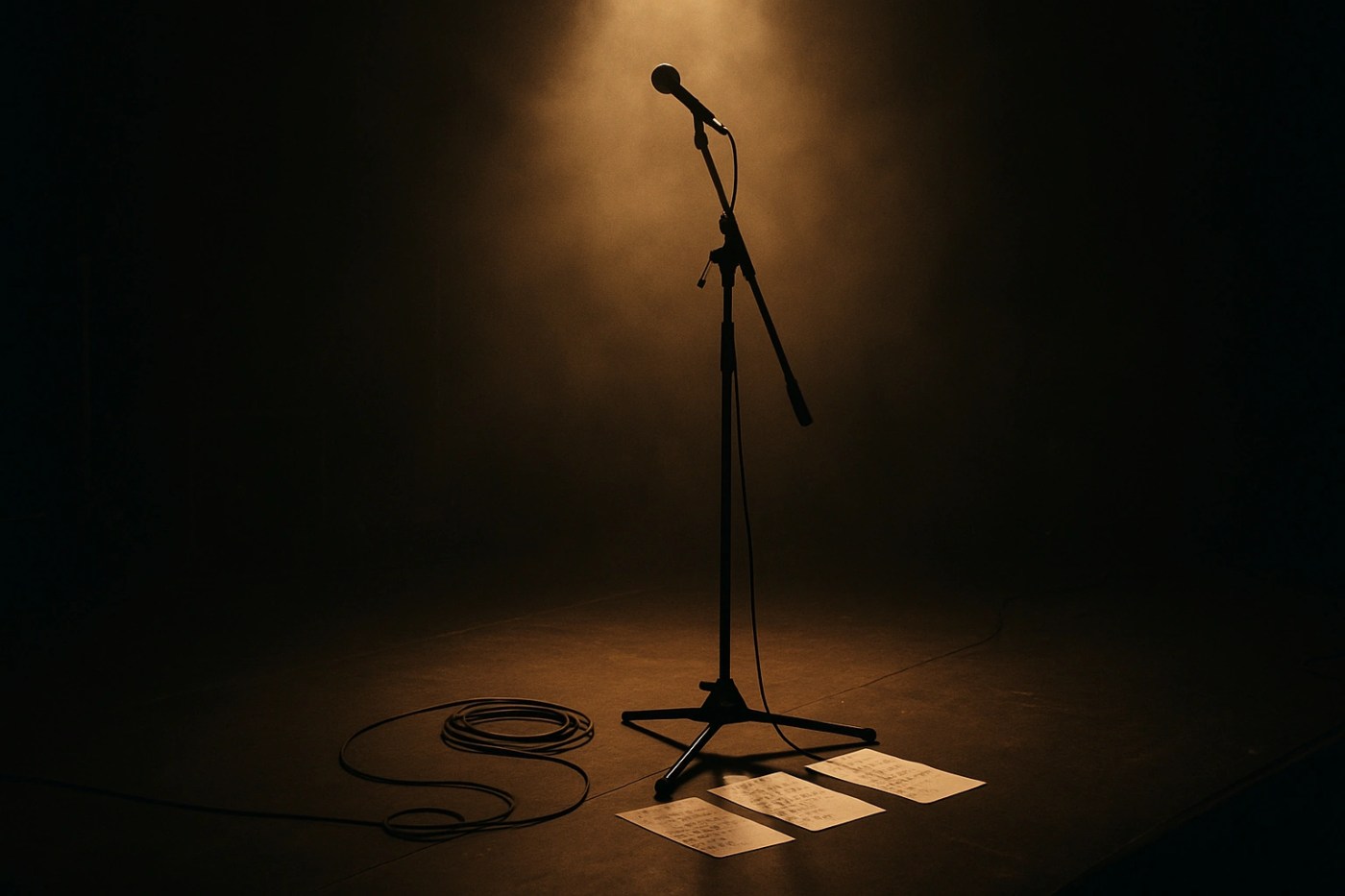A single microphone on a stand is centered on a dimly lit stage with warm lighting. Three sheets of paper and a coiled cable lie on the floor in front of it, creating a calm and anticipatory atmosphere after a performance. AI-generated.