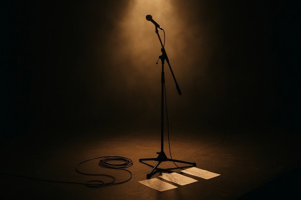 A single microphone on a stand is centered on a dimly lit stage with warm lighting. Three sheets of paper and a coiled cable lie on the floor in front of it, creating a calm and anticipatory atmosphere after a performance. AI-generated.
