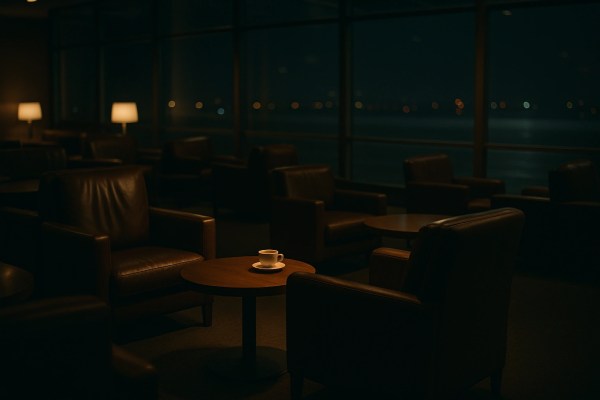 A dimly lit airport lounge with brown leather armchairs and round wooden tables. A single white coffee cup rests on a table in the foreground. Large windows in the background reveal a dark night sky with distant lights, creating a calm and quiet atmosphere.AI-generated