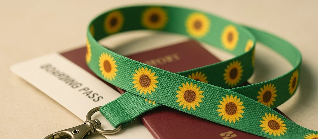 A green lanyard decorated with yellow sunflower patterns lies on top of a maroon passport and a white boarding pass. AI-generated